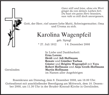 Traueranzeige von Karolina Wagenpfeil von MERKUR & TZ