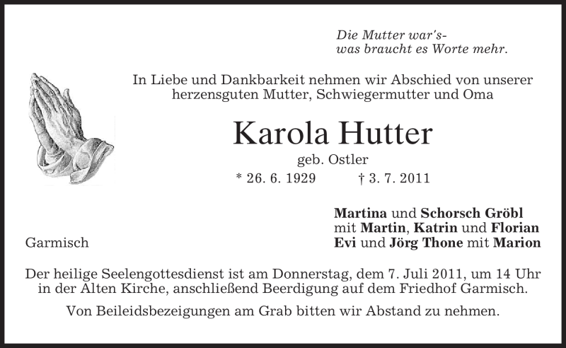  Traueranzeige für Karola Hutter vom 05.07.2011 aus MERKUR & TZ