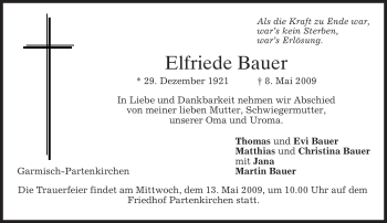Traueranzeige von Elfriede Bauer von MERKUR & TZ