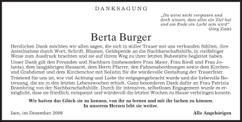 Traueranzeige von Berta Burger von MERKUR & TZ