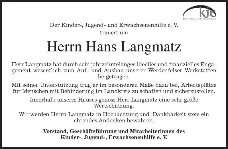  Traueranzeige für Hans Langmatz vom 24.02.2009 aus MERKUR & TZ