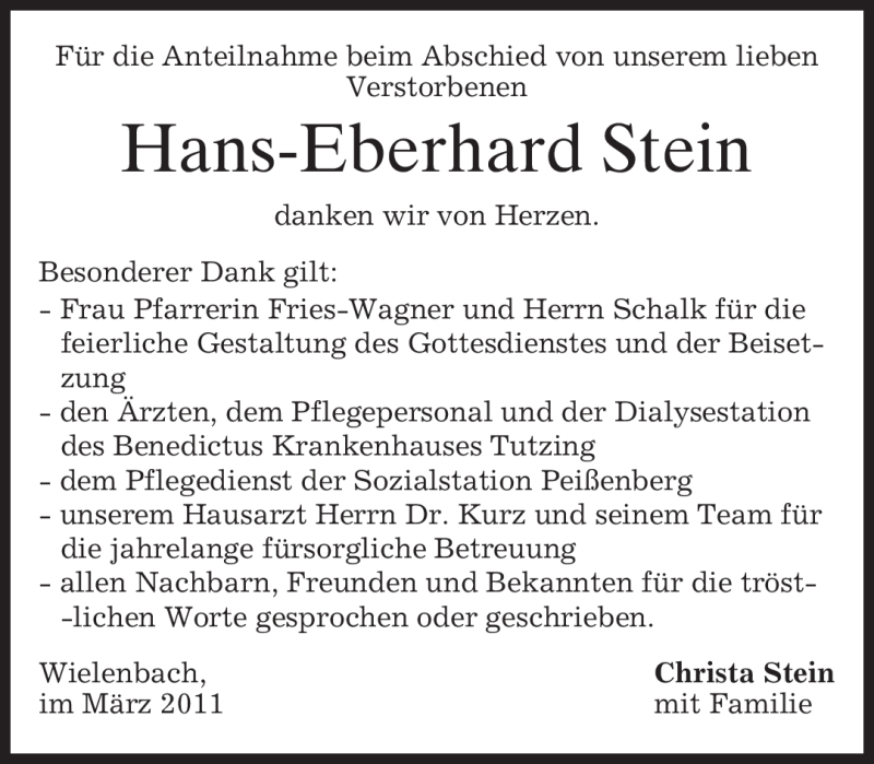  Traueranzeige für Hans-Eberhard Stein vom 24.03.2011 aus MERKUR & TZ