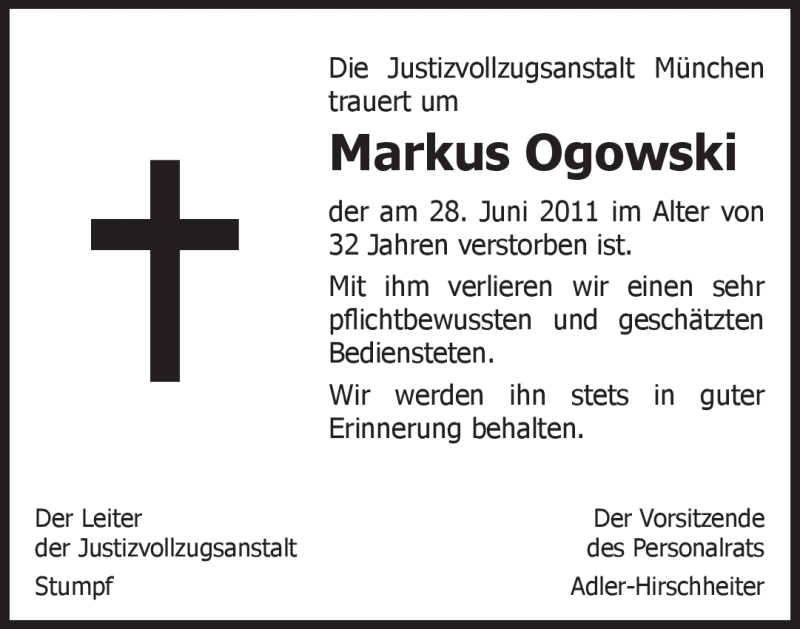  Traueranzeige für Markus Ogowski vom 09.07.2011 aus MERKUR & TZ