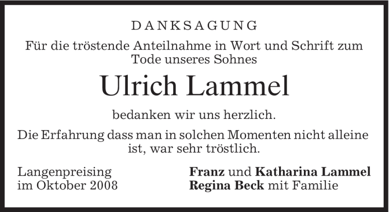  Traueranzeige für Ulrich Lammel vom 25.10.2008 aus MERKUR & TZ