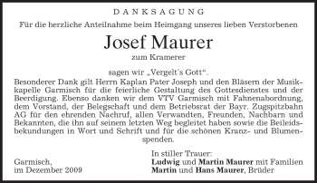 Traueranzeige von Josef Maurer von MERKUR & TZ