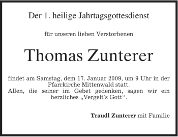 Traueranzeige von Thomas Zunterer von MERKUR & TZ