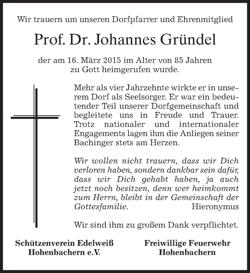  Traueranzeige für Johannes Gründel vom 19.03.2015 aus merkurtz