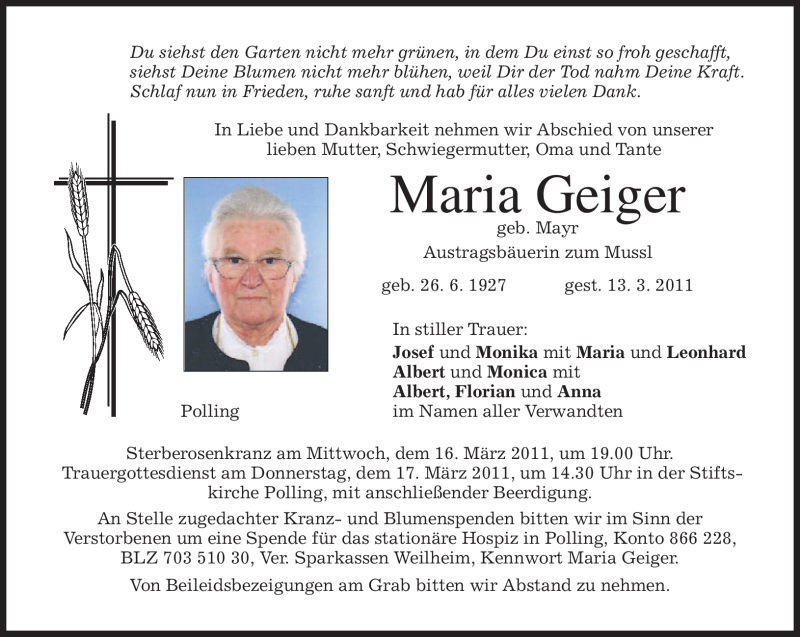 Traueranzeigen von Maria Geiger | trauer.merkur.de