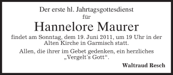 Traueranzeige von Hannelore Maurer von MERKUR & TZ