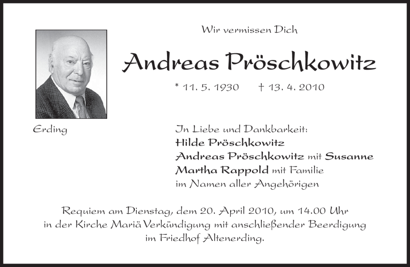  Traueranzeige für Andreas Pröschkowitz vom 17.04.2010 aus MERKUR & TZ