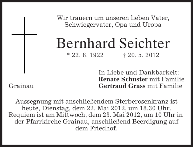  Traueranzeige für Bernhard Seichter vom 22.05.2012 aus MERKUR & TZ