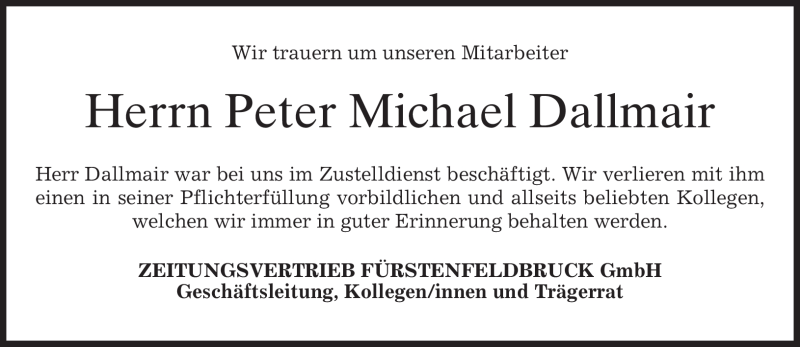  Traueranzeige für Peter Michael Dallmair vom 09.12.2011 aus MERKUR & TZ
