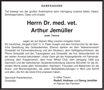 Traueranzeige von Arthur Jemüller von MERKUR & TZ