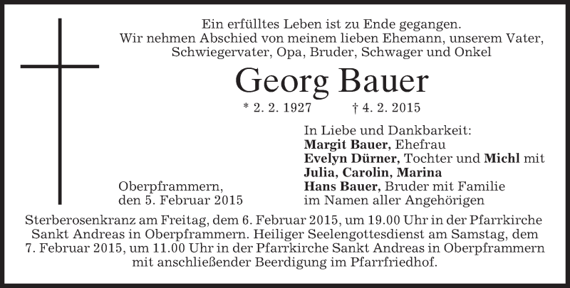  Traueranzeige für Georg Bauer vom 05.02.2015 aus merkurtz