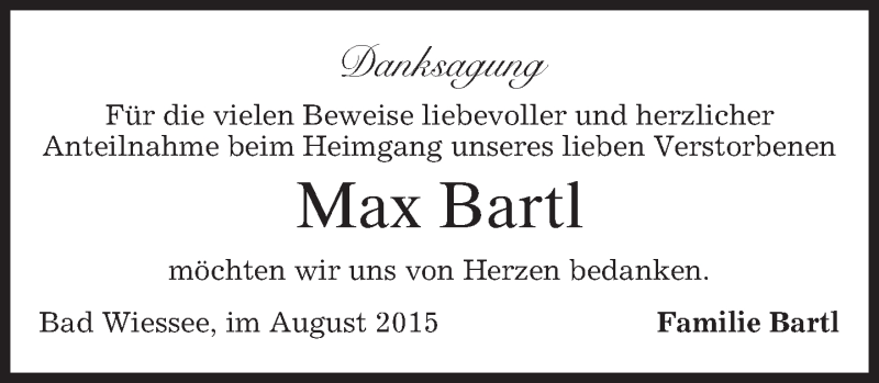  Traueranzeige für Max Bartl vom 26.08.2015 aus merkurtz