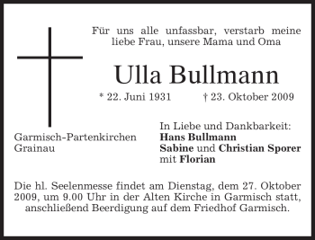 Traueranzeige von Ulla Bullmann von MERKUR & TZ