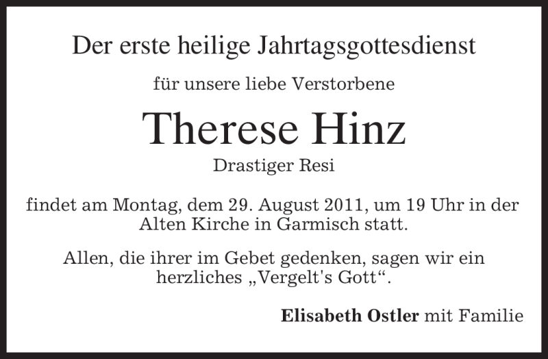  Traueranzeige für Therese Hinz vom 27.08.2011 aus MERKUR & TZ