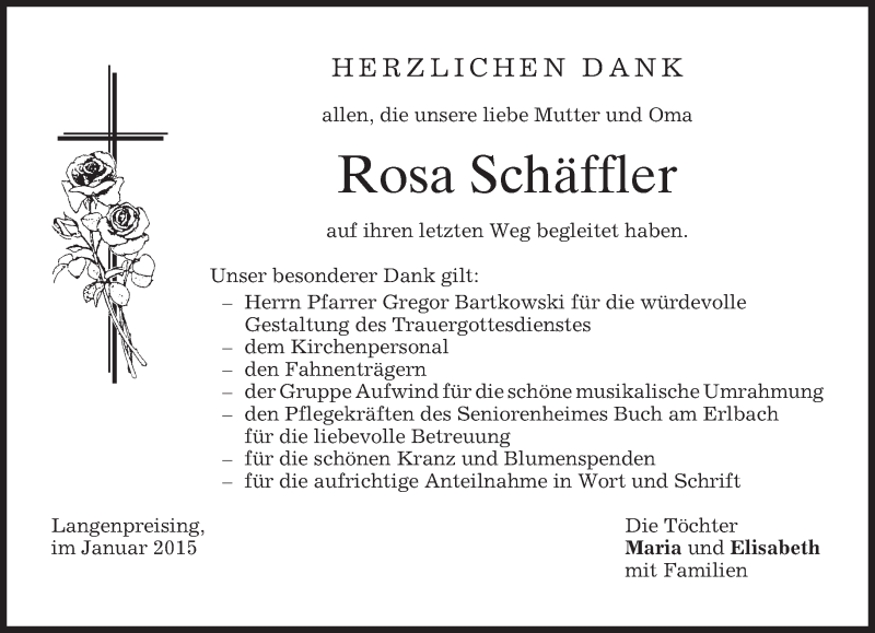  Traueranzeige für Rosa Schäffler vom 17.01.2015 aus merkurtz