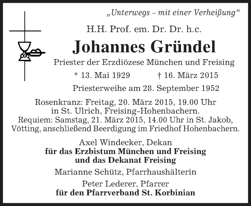  Traueranzeige für Johannes Gründel vom 19.03.2015 aus merkurtz