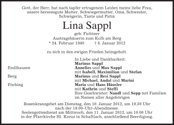 Traueranzeige von Lina Sappl von MERKUR & TZ