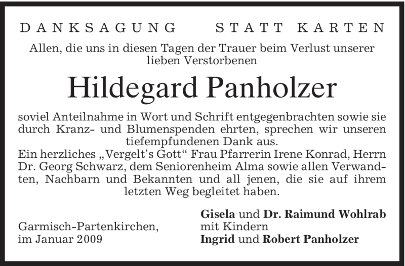  Traueranzeige für Hildegard Panholzer vom 10.01.2009 aus MERKUR & TZ