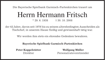 Traueranzeige von Hermann Fritsch von MERKUR & TZ