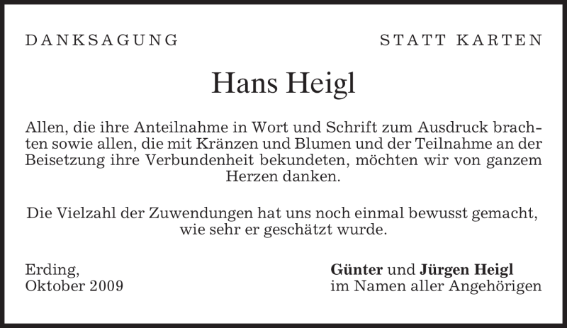  Traueranzeige für Hans Heigl vom 24.10.2009 aus MERKUR & TZ