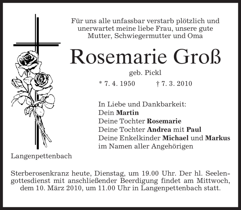  Traueranzeige für Rosemarie Groß vom 09.03.2010 aus MERKUR & TZ