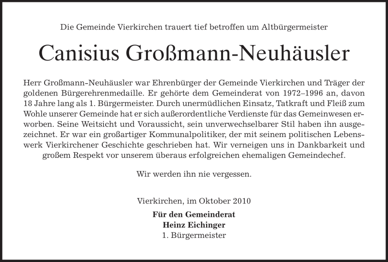  Traueranzeige für Canisius Großmann-Neuhäusler vom 06.10.2010 aus MERKUR & TZ