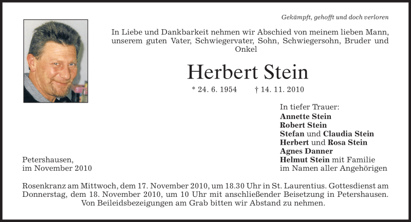  Traueranzeige für Herbert Stein vom 16.11.2010 aus MERKUR & TZ
