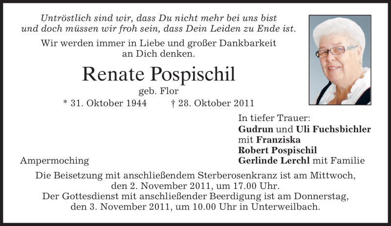  Traueranzeige für Renate Pospischil vom 31.10.2011 aus MERKUR & TZ