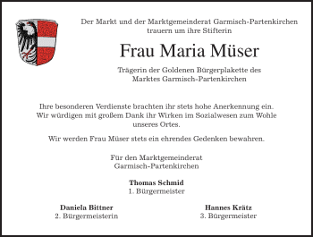 Traueranzeige von Maria Müser von MERKUR & TZ