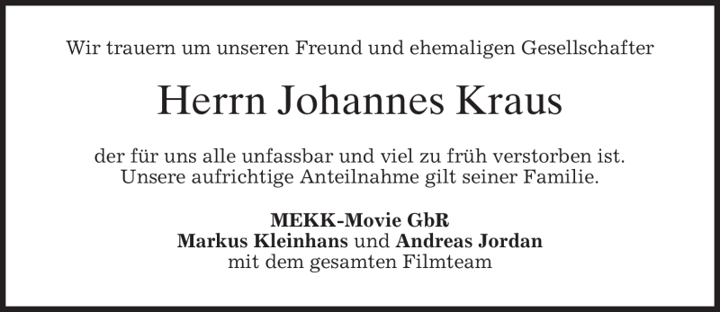  Traueranzeige für Johannes Kraus vom 20.08.2011 aus MERKUR & TZ