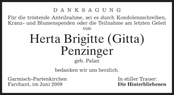 Traueranzeige von Herta Brigitte Penzinger von MERKUR & TZ
