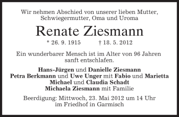 Traueranzeige von Renate Ziesmann von MERKUR & TZ