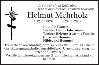 Traueranzeige von Helmut Mehrholz von MERKUR & TZ