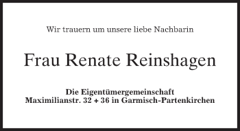 Traueranzeige von Renate Reinshagen von merkurtz