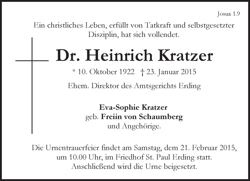  Traueranzeige für Heinrich Kratzer vom 14.02.2015 aus merkurtz