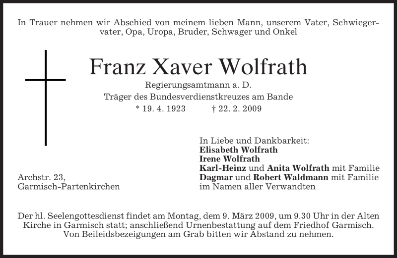  Traueranzeige für Franz Xaver Wolfrath vom 06.03.2009 aus MERKUR & TZ