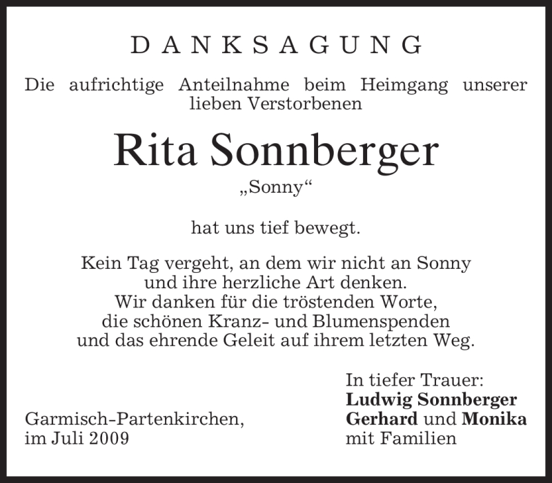 Traueranzeige für Rita Sonnberger vom 04.07.2009 aus MERKUR & TZ