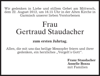 Traueranzeige von Gertraud Staudacher von MERKUR & TZ