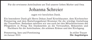 Traueranzeige von Johanna Schreier von merkurtz
