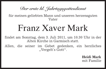 Traueranzeige von Franz Xaver Mark von MERKUR & TZ