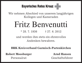 Traueranzeige von Fritz Benvenutti von MERKUR & TZ