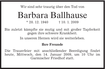 Traueranzeige von Barbara Ballhause von MERKUR & TZ