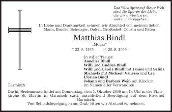 Traueranzeige von Matthias Bindl von MERKUR & TZ