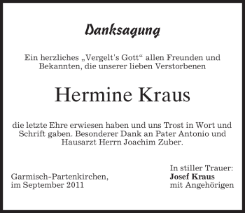 Traueranzeige von Hermine Kraus von MERKUR & TZ