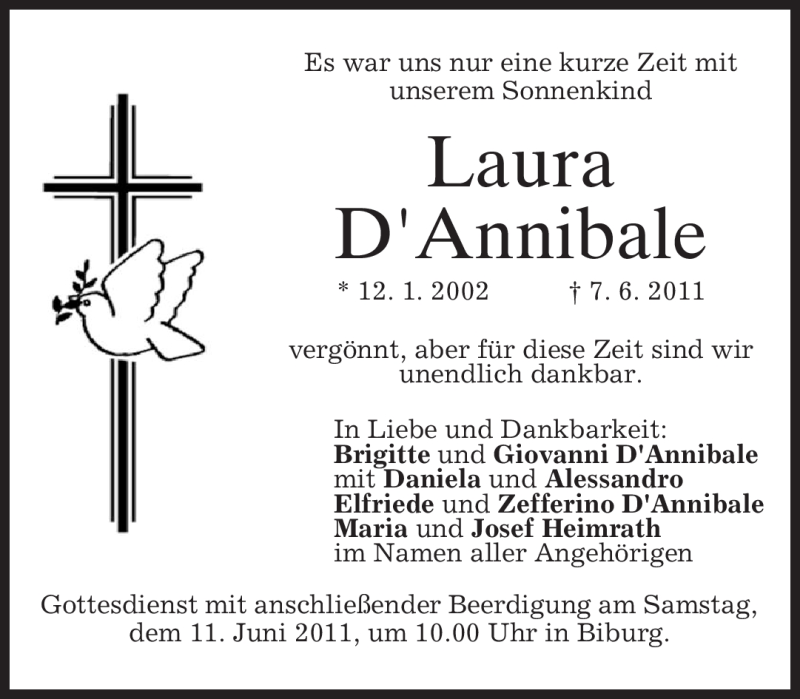  Traueranzeige für Laura D´ Annibale vom 10.06.2011 aus MERKUR & TZ
