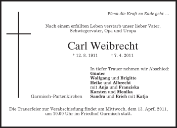 Traueranzeige von Carl Weibrecht von MERKUR & TZ