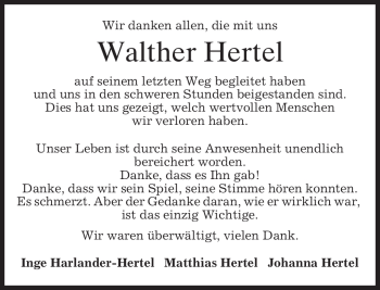 Traueranzeige von Walther Hertel von MERKUR & TZ